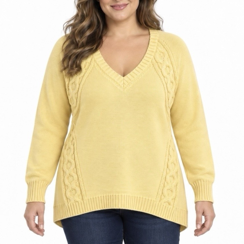 LL Bean Yellow Double L Mixed Cable V Neck Pullover Cotton Sweater LARGE